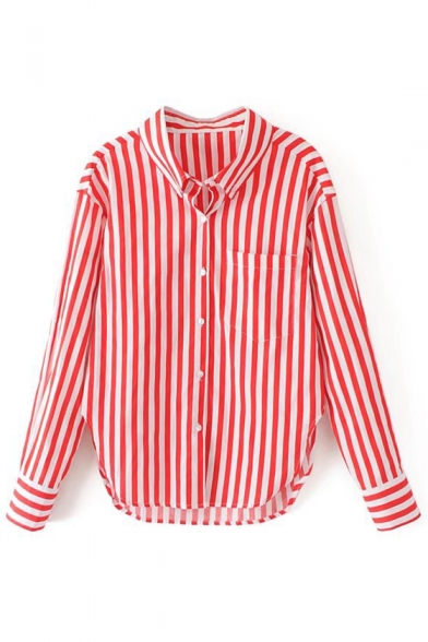 Striped Pattern Lapel Collar Long Sleeve Buttons Down Shirt with Single Pocket