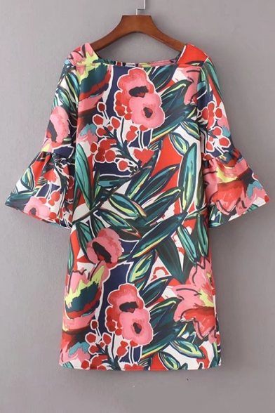 Summer's Floral Printed Flared Sleeve Square Neck Midi Shift Dress
