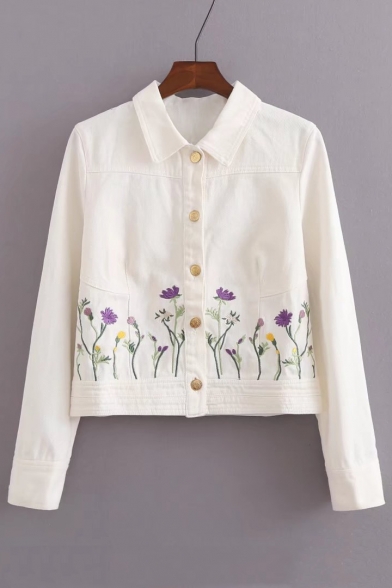 Women's Floral Embroidery Pattern Lapel Single Breasted Cropped Denim Jacket