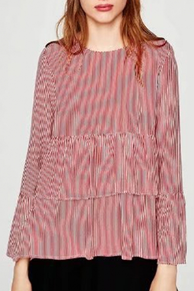 Women's Striped Ruffle Front Button Down Back Long Sleeve Blouse