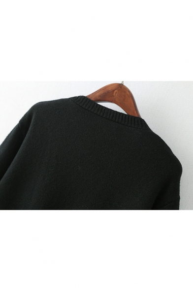 Basic Plain V Neck Long Sleeve High Low Hem Leisure Sweater