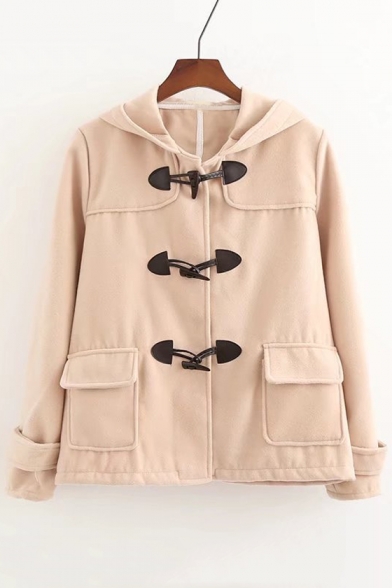 Basic Simple Plain Hooded Long Sleeve Buttons Down Coat with Double Pockets