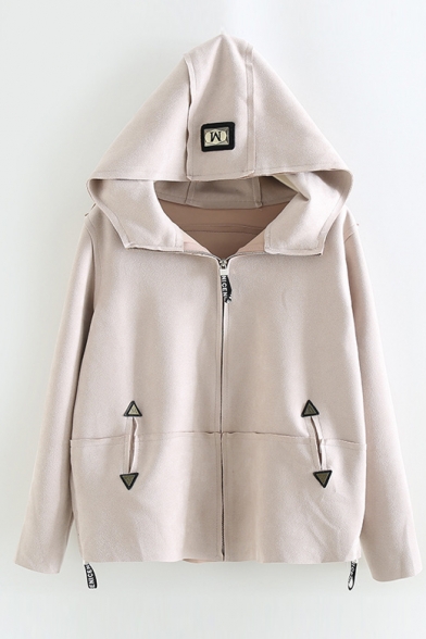 Basic Simple Plain Hooded Long Sleeve Casual Leisure Zip Up Coat