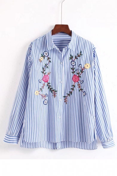 Chic Floral Embroidered Striped Pattern Lapel Collar Long Sleeve Shirt