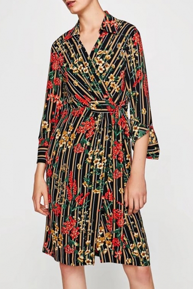Chic Floral Striped Pattern Lapel Collar Long Sleeve Midi Wrap Shirt Dress