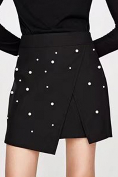 Chic Pearl Embellished Fashion Mini A-Line Asymmetrical Skirt