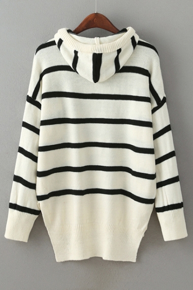 Classic Striped Pattern Dipped Hem Hooded Long Sleeve Sweater