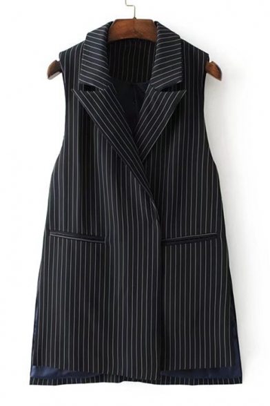 Classic Striped Pattern Notched Lapel Collar Sleeveless Split Side Vest Coat