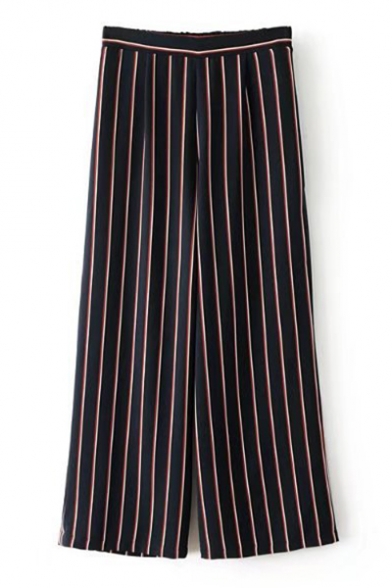 Comfortable Elastic Waist Striped Color Block Wide Leg Pants