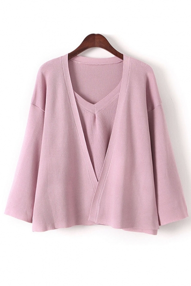 Dropped Long Sleeve Open Front with One Cami Tank Two Pieces Plain Cardigan