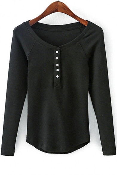 Fashion Buttons Down Front Round Neck Long Sleeve Basic Plain Sweater