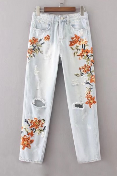 Fashion Embroidery Floral Pattern Cutout High Waist Jeans