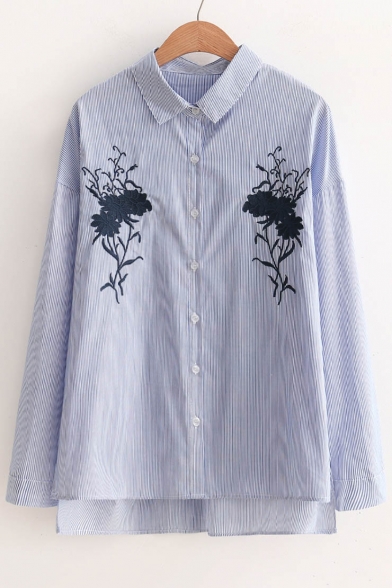 Fashion Embroidery Floral Pattern High Low Hem Single Breasted Striped Shirt