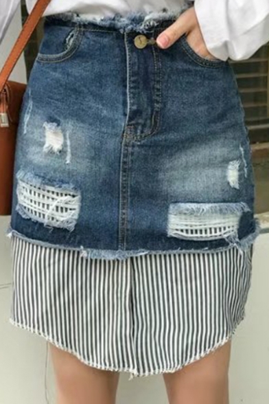 Fashion Fake Two-Piece Striped Printed Patched Mini Bodycon Denim Skirt