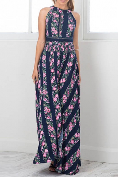 Fashion Floral Striped Printed Cutout Tied Back Sleeveless Split Front Maxi Dress