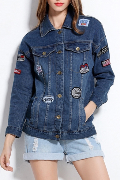 Fashion Letter Patched Lapel Collar Long Sleeve Buttons Down Denim Jacket