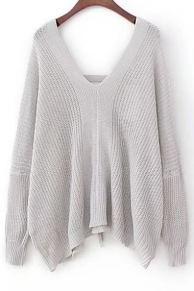 Grommet Lace-Up Back V Neck Long Sleeve Simple Plain Loose Sweater