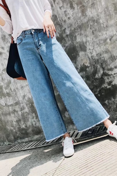 High Waist Basic Simple Plain Loose Fringe Hem Wide Legs Jeans