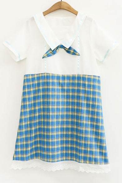 Lovely Plaid Color Block Short Sleeve Bow Detail Mini Dress