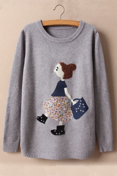 New Arrival Fashion Cartoon Girl Patched Long Sleeve Round Neck Sweater