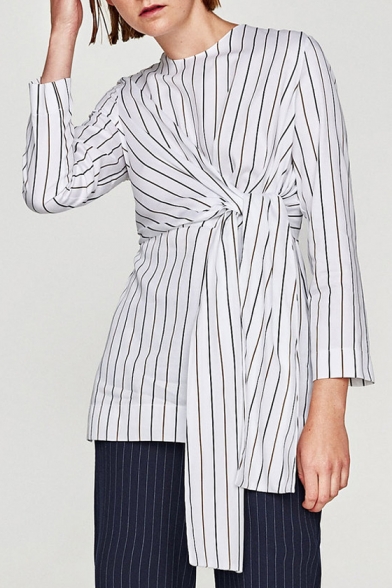 New Arrival Fashion Knotted Waist Striped Pattern Round Neck Long Sleeve Blouse