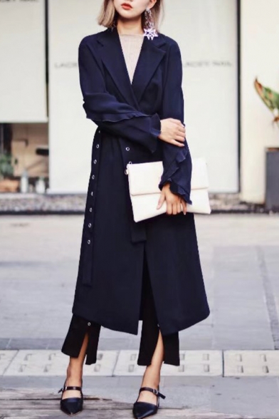 New Arrival Fashion Ruffle Hem Long Sleeve Notched Lapel Collar Trench Coat