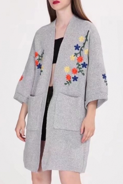 New Fashion Floral Embroidered Open Front Long Sleeve Longline Cardigan with Double Pockets