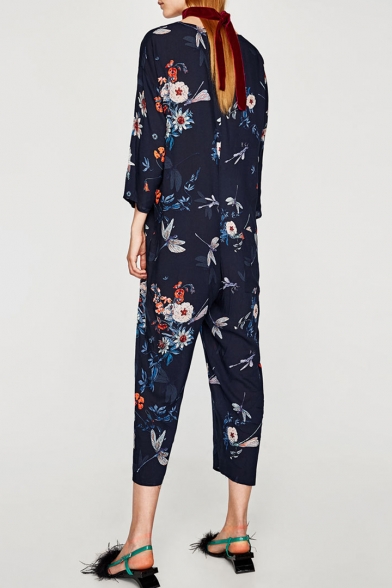 New Stylish V-Neck Single Breasted Floral Printed Long Sleeve Jumpsuits