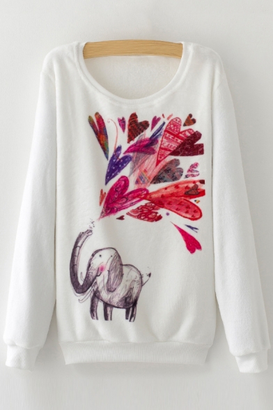 New Trendy Elephant Sketch Pattern Long Sleeve Round Neck Pullover Sweatshirt