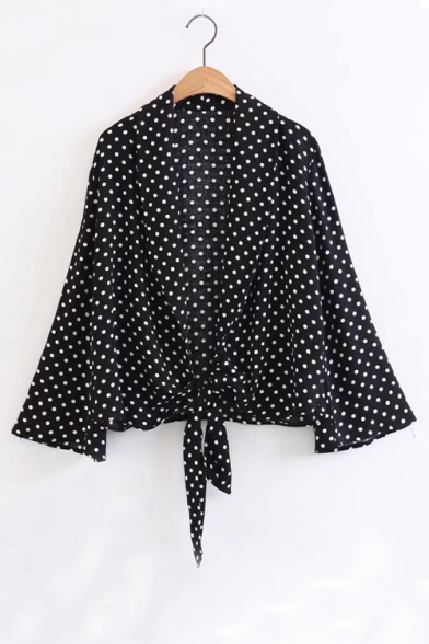 Sexy Open Front Tied Hem Polka Dots Color Block Long Sleeve Blouse