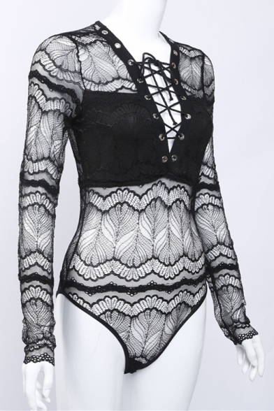 Sheer Plain Sexy Lace Inserted Lace-Up Plunge Neck Long Sleeve Bodysuit