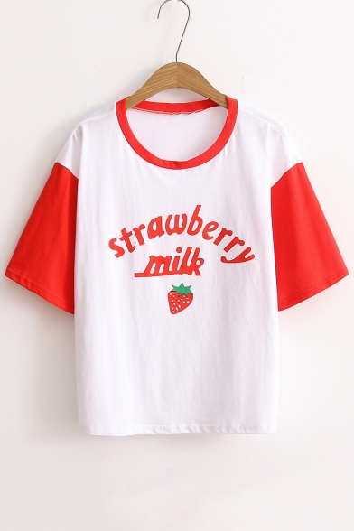 Summer Strawberry Milk Graphic Printed Round Neck Short Sleeve Tee