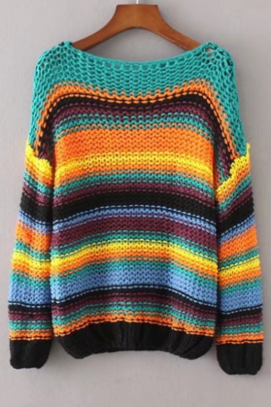 Color Block Striped Dropped Long Sleeve Pullover Sweater