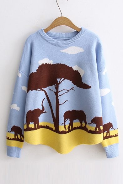 Color Block Wild Elephant Pattern Long Sleeve Round Neck Pullover Sweater
