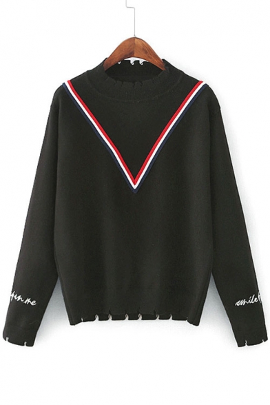 Contrast Striped Embroidery Letter Cuffs Cutout Trim Pullover Sweater