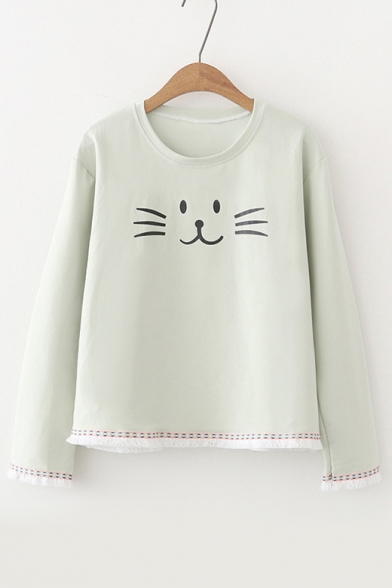 Cute Cartoon Cat Pattern Round Neck Long Sleeve Pullover Sweatshirt