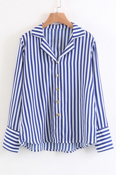 Fashion Notched Lapel Collar Long Sleeve Striped Pattern Buttons Down Shirt