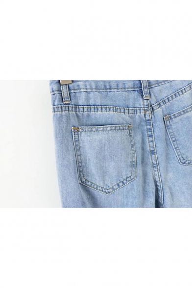 Fashion Ripped Out Fringe Hem Basic Simple Plain Wide Legs Jeans