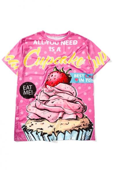 Summer's Cute Strawberry Letter Print Round Neck Short Sleeve T-Shirt