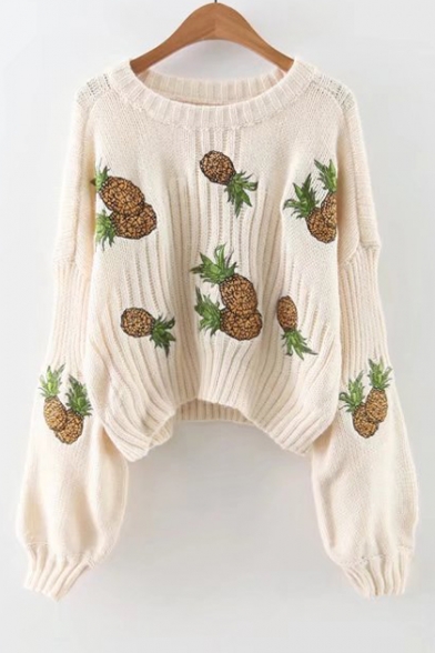New Arrival Fashion Pineapple Embroidered Round Neck Long Sleeve Cropped Sweater