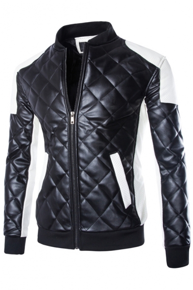 New Arrival Stand-Up Collar Color Block Fashion Padded Zip Up Biker Jacket
