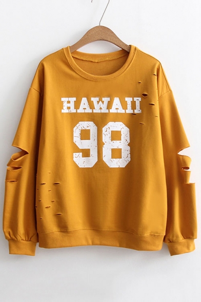 New Trendy Ripped Out Long Sleeve Round Neck Letter Printed Sweatshirt