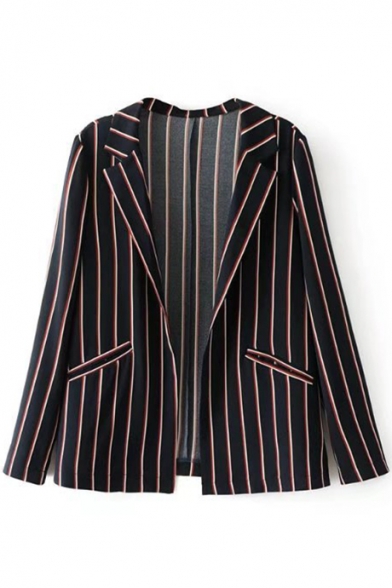 Notched Lapel Open Front Long Sleeve Striped Color Block Blazers