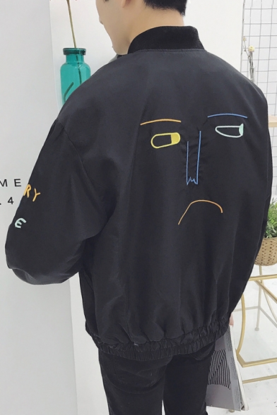 Oversize Embroidery Sad Face Graphic Pattern Long Sleeve Zipper Placket Bomber Jacket