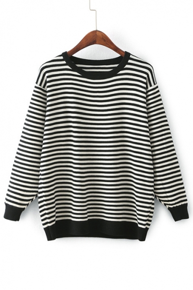 Round Neck Long Sleeve Chic Striped Pattern Pullover Sweater