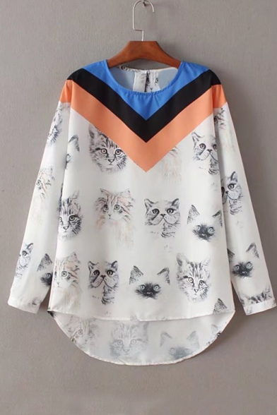 Round Neck Long Sleeve Cute Cat Pattern High Low Hem Pullover Blouse