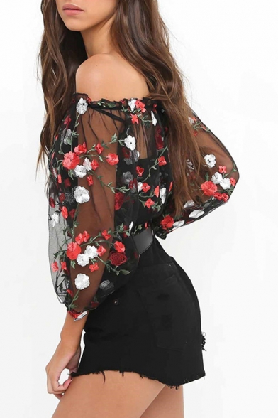 Sexy Sheer Floral Pattern Off The Shoulder 3/4 Sleeve Cropped Pullover Blouse