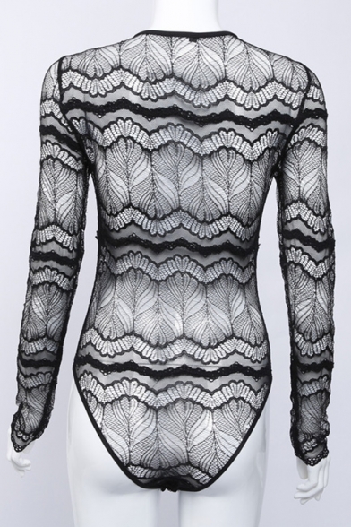 Sheer Plain Sexy Lace Inserted Lace-Up Plunge Neck Long Sleeve Bodysuit