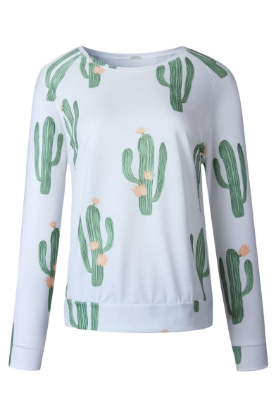 Summer's Chic Cactus Pattern Long Sleeve Round Neck Casual T-Shirt
