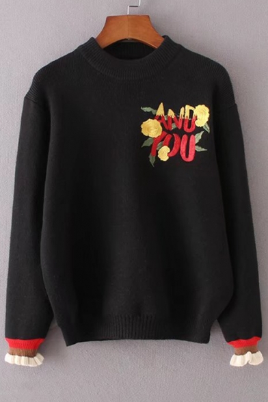 Women's Floral Letter Embroidery Round Neck Long Sleeve Sweater